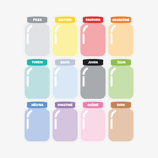 Magnetinis spalvų rūšiavimo žaidimas vaikams – 4, 8 arba 12 spalvų stiklainiai + formomis išpjauti magnetukai