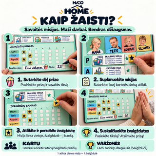 MAGO Namų komanda žaidimo instrukcija: savaitės misijos, žvaigždžių bankas, bendras tikslas ir prizas