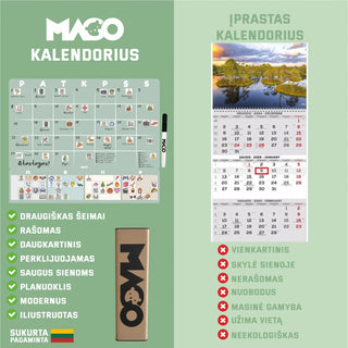 MAGO šeimos planavimo kalendorius – magnetinis mėnesio planuotojas ant sienos (rašomas, daugkartinis)